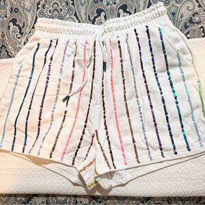 QUEEN OF SPARKLES White colorful Sequin Striped Athletic Shorts